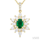 7x5 MM Oval Cut Emerald and 1 Ctw Pear & Round Cut Diamond Precious Pendant With Chain in 14K Yellow Gold