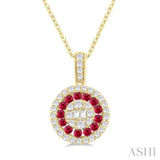 1.35 MM Round Shape Ruby and 1/4 Ctw Baguette and Round Cut Diamond Precious Pendant With Chain in 14K Yellow Gold