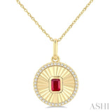 4X3 MM Octagon Shape Ruby and 1/8 Ctw Round Cut Diamond Precious Fluted Medallion Pendant in 10K Yellow Gold with Chain