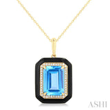 14x10 MM Emerald Cut Blue Topaz and 1/5 Ctw Round Cut Diamond Halo & Black Enamel Border Semi-Precious Pendant With Chain in 14K Yellow Gold