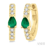 4X3 MM Pear Cut Emerald and 1/10 Ctw Single Cut Diamond Petite Huggie Earrings in 10K Yellow Gold