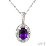 7X5 MM Oval Shape Amethyst and 1/50 Ctw Round Cut Diamond Semi-precious Pendant With Chain in Sterling Silver