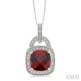 10x10mm Cushion Cut Garnet and 1/20 Ctw Single Cut Diamond Pendant in Sterling Silver with Chain