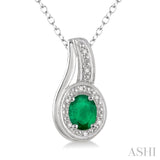 6x4 MM Oval Cut Emerald and 1/50 Ctw Round Cut Diamond Pendant in Sterling Silver with Chain