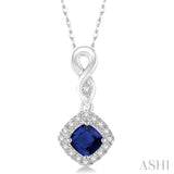 4x4 MM Cushion Cut Sapphire and 1/10 Ctw Round Cut Diamond Pendant in 10K White Gold with Chain