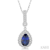 7x5 Pear Shape Sapphire and 1/5 Ctw Round Cut Diamond Pendant in 14K White Gold with Chain