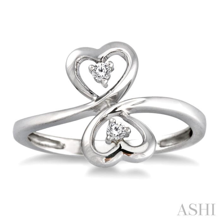 Silver Twin Heart Shape 2 Stone Diamond Fashion Ring