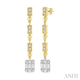 1/2 ctw Baguette and Round Cut Diamond Long Earrings in 14K Yellow and White Gold
