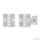 1/6 ctw Square Shape Baguette and Round Cut Diamond Fusion Petite Fashion Stud Earring in 10K White Gold